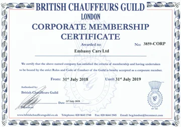 British Chauffeurs Guild corporate membership certificate