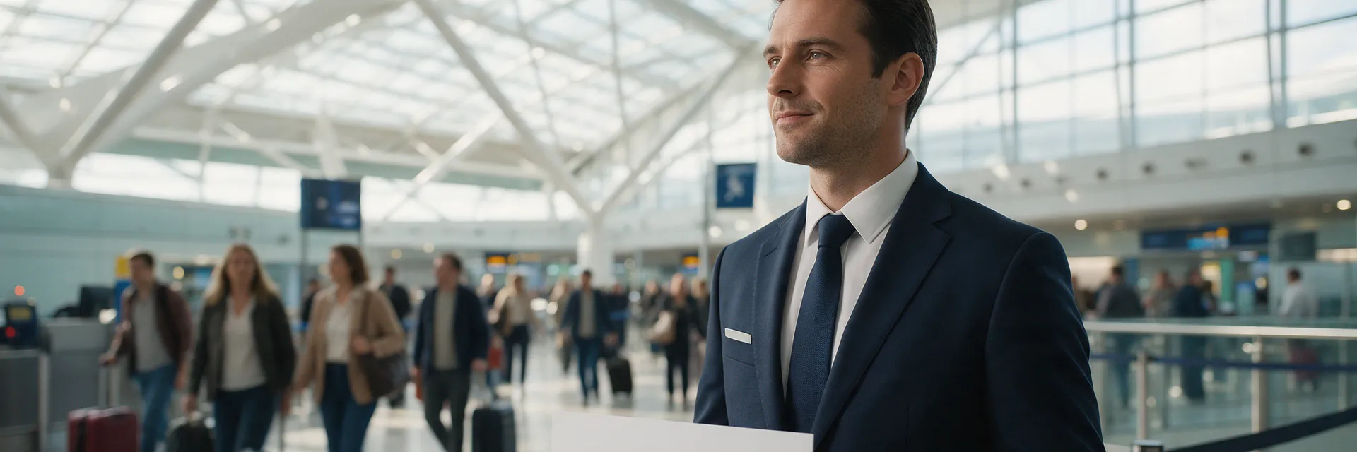 Chauffeur waiting with a name board in an airport arrivals hall