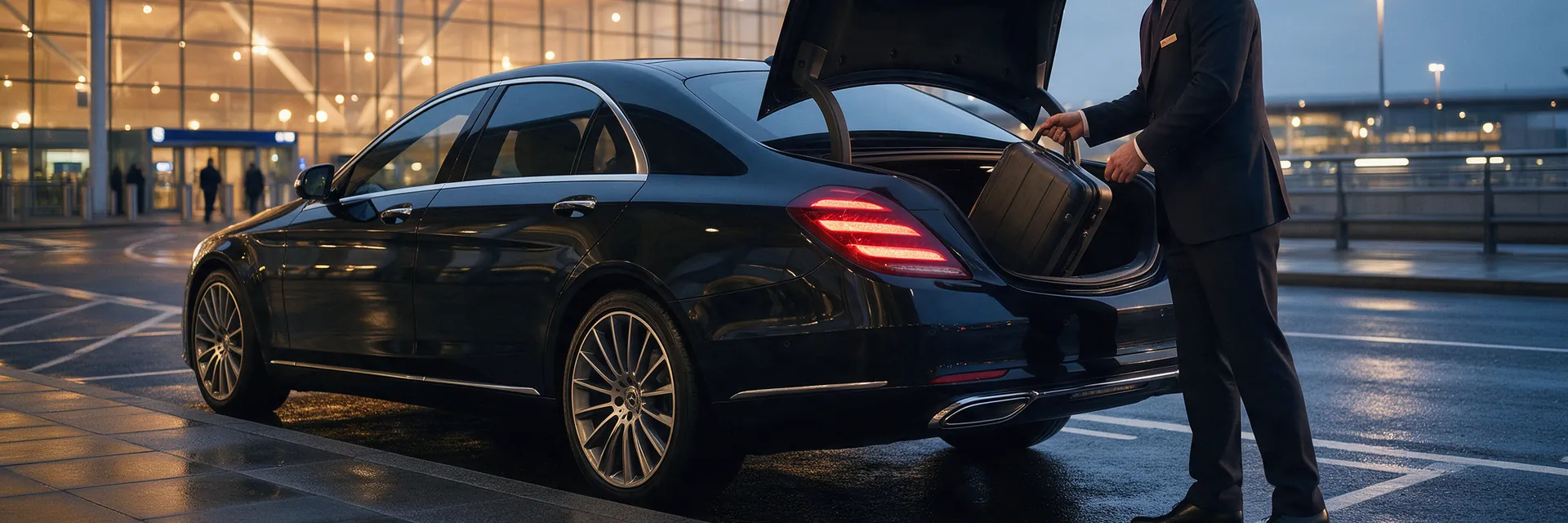 Chauffeur lifting a suitcase from a black Mercedes at an airport terminal at dusk
