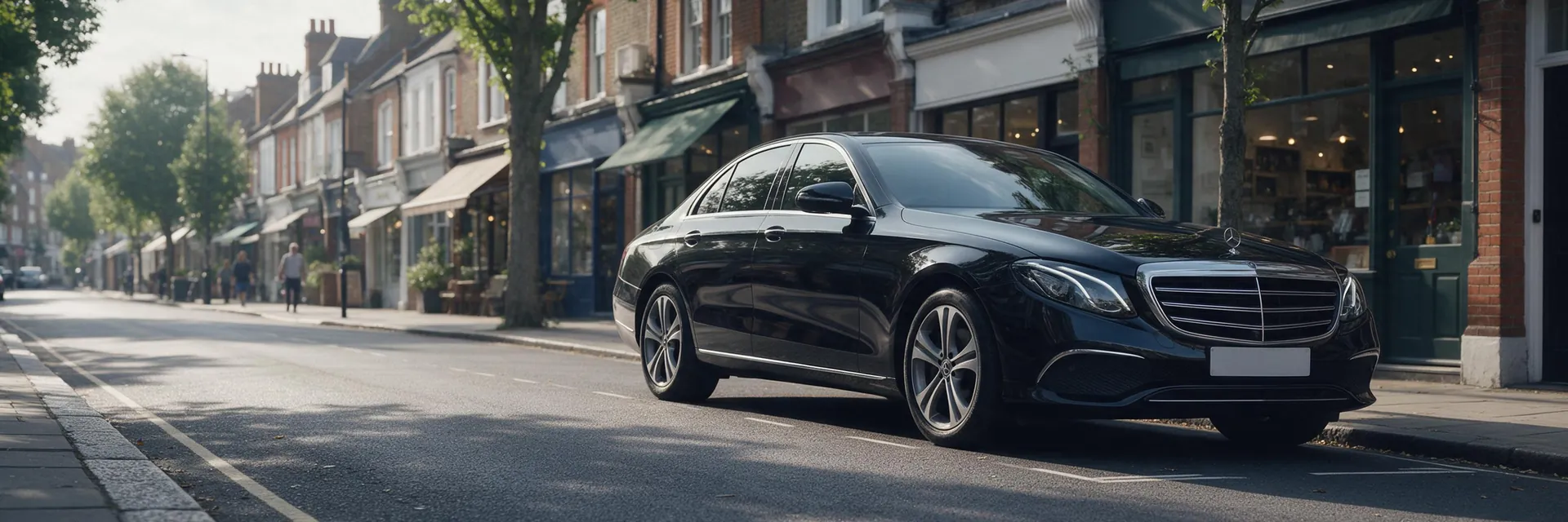 Black Mercedes E Class on a leafy West London high street