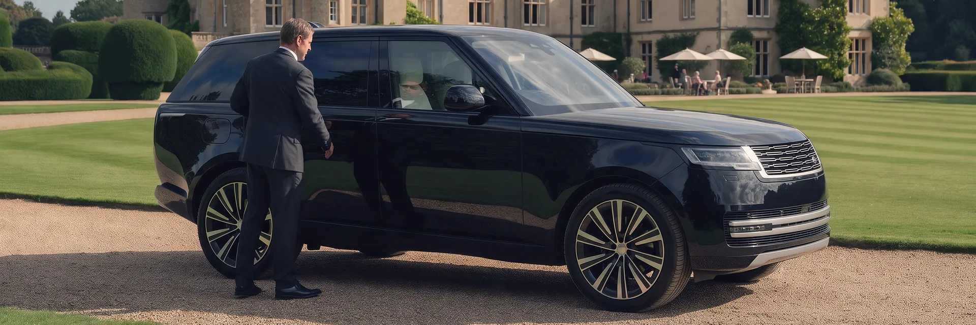 Black Range Rover on the drive of an English country house