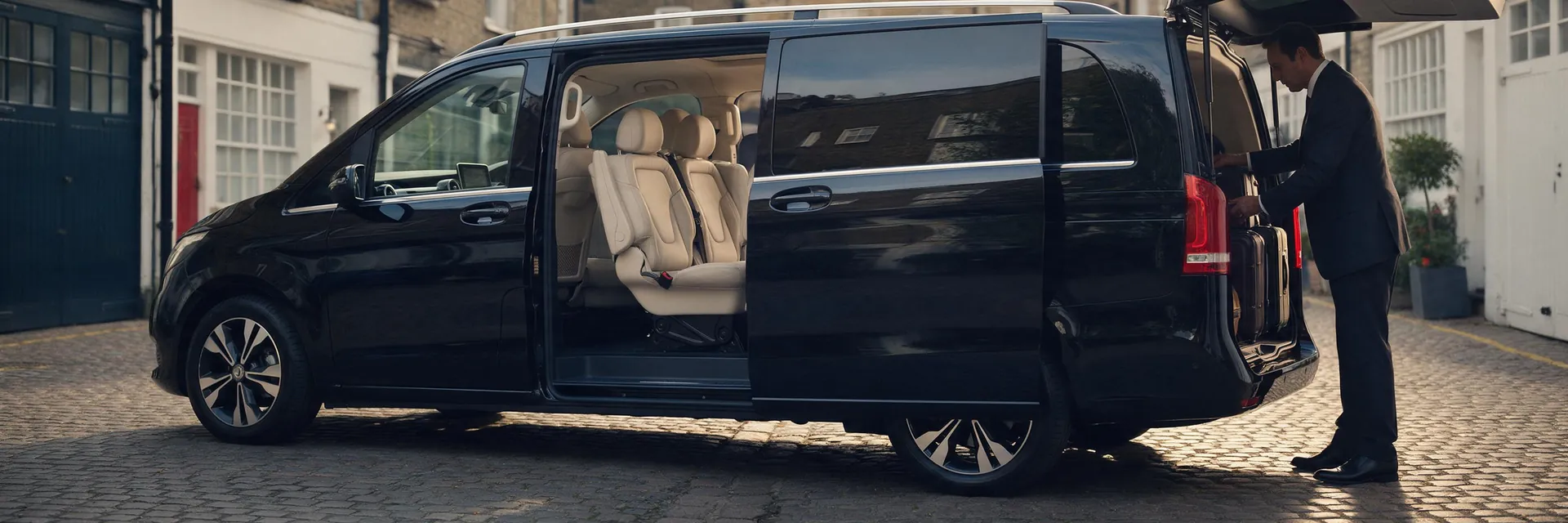 Chauffeur loading luggage into a black Mercedes V Class in a London mews