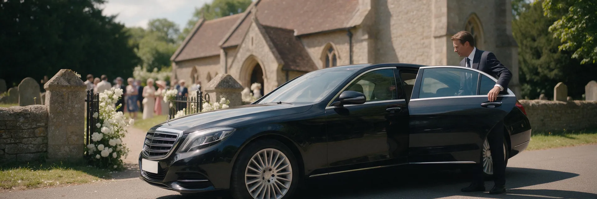 Chauffeur holding the door of a black Mercedes S Class outside a church